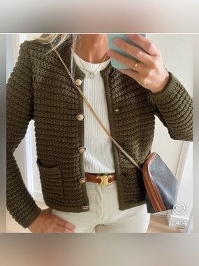 Ba&sh Gaspard Kaki Olive Textured Knit Cardigan Gold Crest Buttons Size 1 S